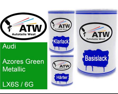 Audi, Azores Green Metallic, LX6S / 6G: 500ml Lackdose + 500ml Klarlack + 250ml Härter - Set, von ATW Autoteile West.